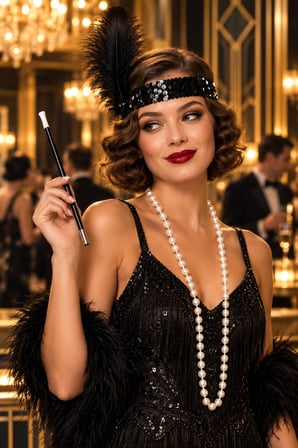 Charleston Kostüm Aksesuar Seti Payetli Saç Bandı İnci Kolye ve Ağızlık 1920'ler Gatsby