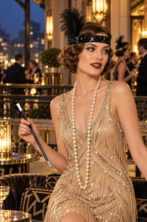 Charleston Kostüm Aksesuar Seti Payetli Saç Bandı İnci Kolye ve Ağızlık 1920'ler Gatsby