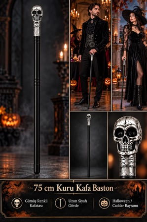Halloween Cadılar Bayramı 75 cm Kuru Kafa İskelet Başlı Siyah Kostüm Bastonu Parti Aksesuarı