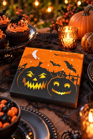 Halloween Cadılar Bayramı Balkabağı Desenli Dekorlu Parti Peçetesi 20'li Turuncu Siyah 33x33 cm