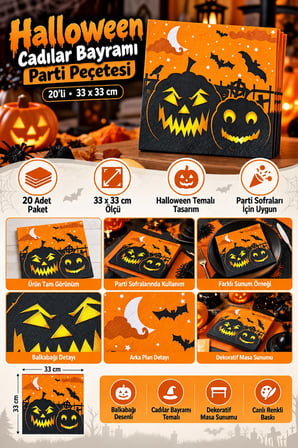 Halloween Cadılar Bayramı Balkabağı Desenli Dekorlu Parti Peçetesi 20'li Turuncu Siyah 33x33 cm