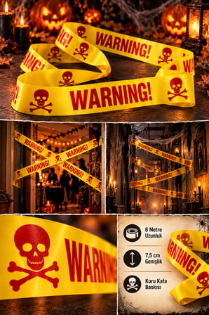 Halloween 6 Metre Emniyet Şeridi Sarı Kırmızı WARNING Kuru Kafalı Cadılar Bayramı 7,5 cm