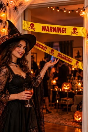 Halloween 6 Metre Emniyet Şeridi Sarı Kırmızı WARNING Kuru Kafalı Cadılar Bayramı 7,5 cm