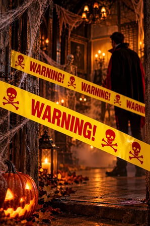 Halloween 6 Metre Emniyet Şeridi Sarı Kırmızı WARNING Kuru Kafalı Cadılar Bayramı 7,5 cm