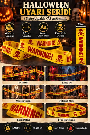 Halloween 6 Metre Emniyet Şeridi Sarı Kırmızı WARNING Kuru Kafalı Cadılar Bayramı 7,5 cm