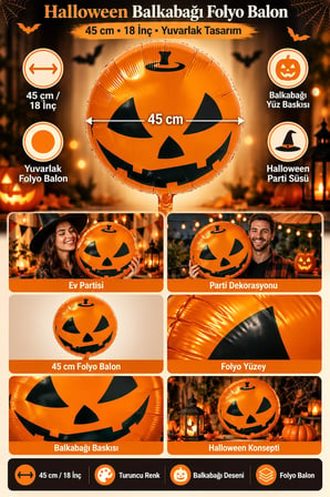 Halloween Cadılar Bayramı Balkabağı Yüzlü Folyo Balon 45 cm 18 İnç Turuncu Yuvarlak Parti Süsü