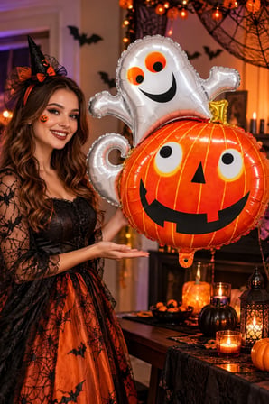 Halloween Cadılar Bayramı Hayaletli Balkabağı Folyo Balon 80x60 cm Turuncu Beyaz Parti Süslemesi