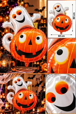 Halloween Cadılar Bayramı Hayaletli Balkabağı Folyo Balon 80x60 cm Turuncu Beyaz Parti Süslemesi