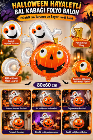 Halloween Cadılar Bayramı Hayaletli Balkabağı Folyo Balon 80x60 cm Turuncu Beyaz Parti Süslemesi