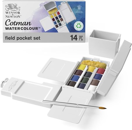 0390639 Cotman Field Box sulu boya seti, yüksek ışık haslığına sahip canlı sulu boya, geniş renk seçenekleri, eskimeye karşı dayanıklı - 1/2 kapta 12 renk, karıştırma paleti, su tankı