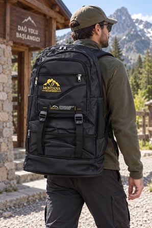 Montana Dağcı Çantası Siyah Körüklü 65 L Outdoor Sırt Çantası 62x40x16 cm