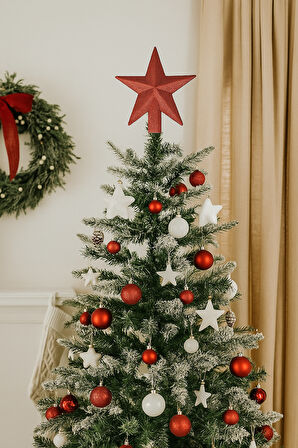 Yılbaşı Ağaç Tepeliği (15 cm) - KIRMIZI Simli ve Yıldız Dolgulu Lüks Çam Ağacı Dekorasyonu