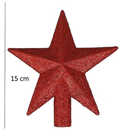Yılbaşı Ağaç Tepeliği (15 cm) - KIRMIZI Simli ve Yıldız Dolgulu Lüks Çam Ağacı Dekorasyonu