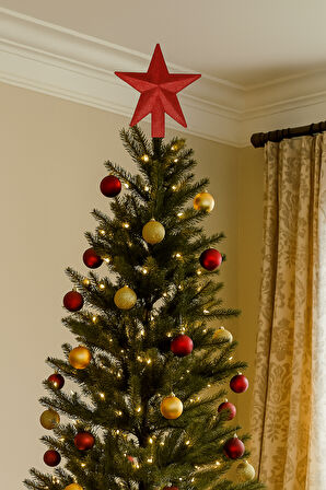 Yılbaşı Ağaç Tepeliği (15 cm) - KIRMIZI Simli ve Yıldız Dolgulu Lüks Çam Ağacı Dekorasyonu