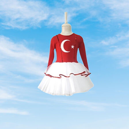 Türk Bayraklı Milli Bayramlar 4-5 Yaş Beyaz Tütülü Kırmızı Beyaz Kostüm
