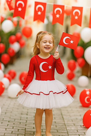 Türk Bayraklı Milli Bayramlar 4-5 Yaş Beyaz Tütülü Kırmızı Beyaz Kostüm