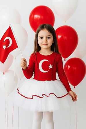 Türk Bayraklı Milli Bayramlar 6-7 Yaş Beyaz Tütülü Kırmızı Beyaz Kostüm
