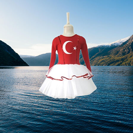 Türk Bayraklı Milli Bayramlar 7-8 Yaş Beyaz Tütülü Kırmızı Beyaz Kostüm