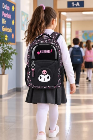 Kuromi Kız Çocuk İlkokul Çantası Mor Ergonomik 3 Gözlü 2 Matara Cepli Baskılı 42 x 28 x 13 cm
