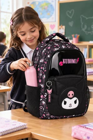 Kuromi Kız Çocuk İlkokul Çantası Mor Ergonomik 3 Gözlü 2 Matara Cepli Baskılı 42 x 28 x 13 cm