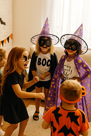 Hallowen cadı pelerinli şapkalı takım.MOR-GOLD