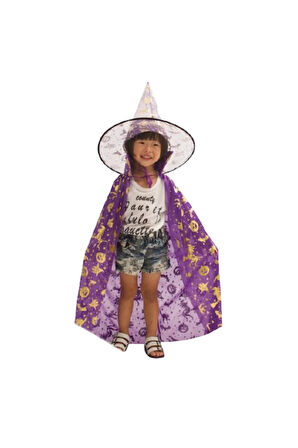 Hallowen cadı pelerinli şapkalı takım.MOR-GOLD
