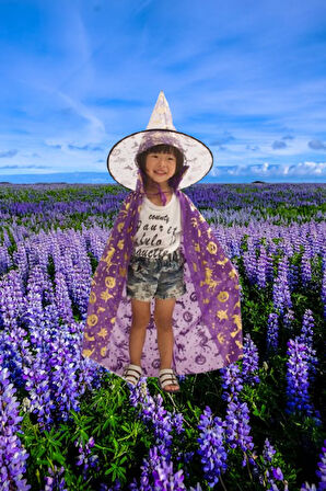 Hallowen cadı pelerinli şapkalı takım.MOR-GOLD