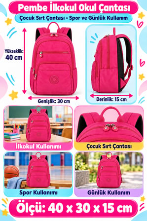 Pembe İlkokul Okul Çantası Çocuk Sırt Çantası Spor ve Günlük Kullanım 40 x 30 x 15 cm