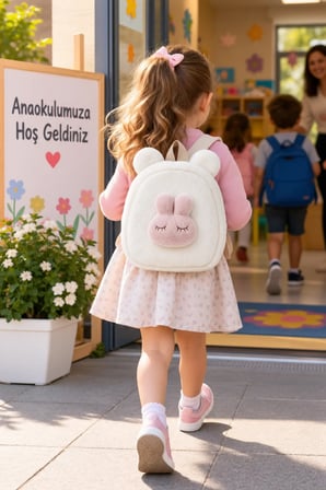 Anaokulu Sırt Çantası Uyuyan Tavşan Bej Peluş 26x23x10 cm Mini Çanta