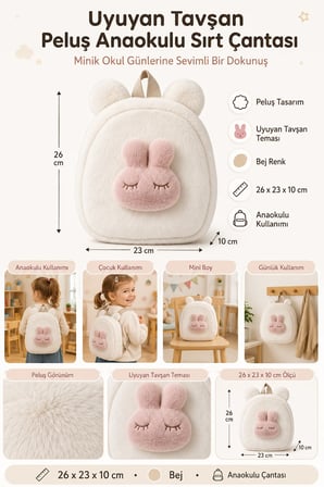 Anaokulu Sırt Çantası Uyuyan Tavşan Bej Peluş 26x23x10 cm Mini Çanta