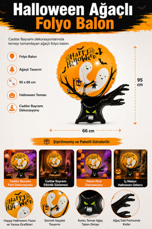 Halloween Folyo Balon Ağaçlı 95x66 cm Cadılar Bayramı Parti Süsü Temalı Dekorasyon Balonu