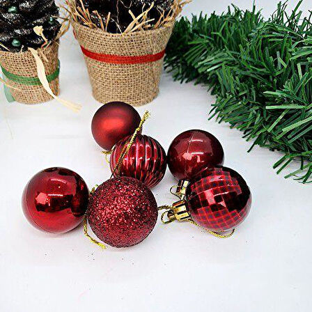 Koyu Kırmızı Yılbaşı Ağaç Top Süsü - Mat, Parlak, Simli, Aynalı, Çizgili, Sedefli - 6'lı Set, 4 cm