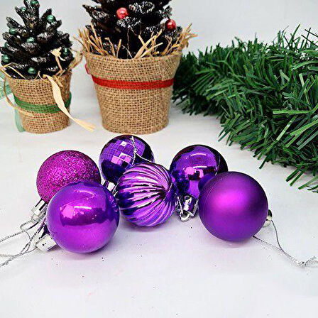 Mor Yılbaşı Ağaç Top Süsü - Mat, Parlak, Simli, Aynalı, Çizgili, Sedefli - 6'lı Set, 4 cm