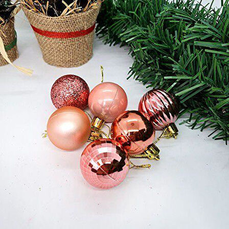 Rose Gold Yılbaşı Ağaç Top Süsü - Mat, Parlak, Simli, Aynalı, Çizgili, Sedefli - 6'lı Set, 4 cm