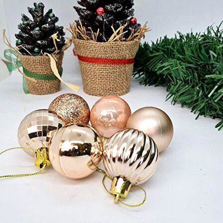 Şampanya Yılbaşı Ağaç Top Süsü - Mat, Parlak, Simli, Aynalı, Çizgili, Sedefli - 6'lı Set, 4 cm