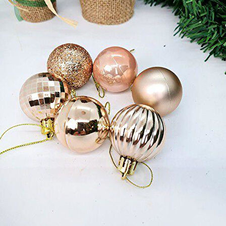 Şampanya Yılbaşı Ağaç Top Süsü - Mat, Parlak, Simli, Aynalı, Çizgili, Sedefli - 6'lı Set, 4 cm