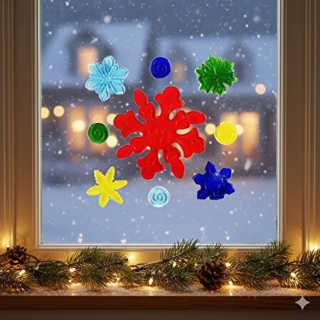 Yılbaşı Temalı Kar Taneli Jel Sticker – Dekoratif Cam ve Pencere Süsü