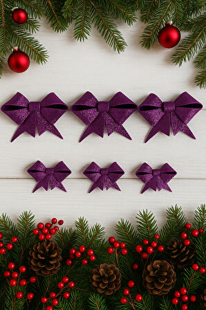 Mor Simli Eva Fiyonk Kurdele – 6'lı Set (3 Adet 9 cm + 3 Adet 6.5 cm) Yılbaşı Süsleme