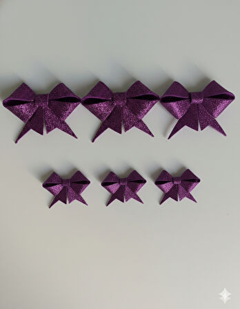 Mor Simli Eva Fiyonk Kurdele – 6'lı Set (3 Adet 9 cm + 3 Adet 6.5 cm) Yılbaşı Süsleme