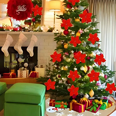 1 Adet Yılbaşı Çiçeği Ponsetya (13 cm) - Kırmızı Simli Tomurcuklu Dekoratif Yapay Süs Çiçeği - Tekli Yılbaşı Dekorasyonu