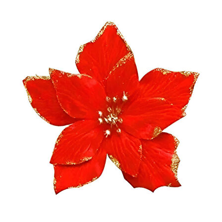 1 Adet Yılbaşı Çiçeği Ponsetya (13 cm) - Kırmızı Simli Tomurcuklu Dekoratif Yapay Süs Çiçeği - Tekli Yılbaşı Dekorasyonu