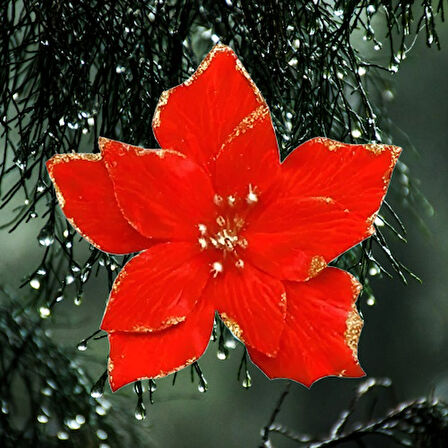 1 Adet Yılbaşı Çiçeği Ponsetya (13 cm) - Kırmızı Simli Tomurcuklu Dekoratif Yapay Süs Çiçeği - Tekli Yılbaşı Dekorasyonu