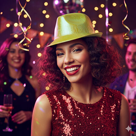 56 cm baş çevresi – Hologramlı Sarı Lazer Kesim Fötr Parti Şapkası