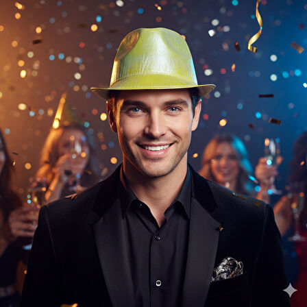 56 cm baş çevresi – Hologramlı Sarı Lazer Kesim Fötr Parti Şapkası