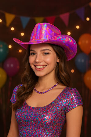 Hologramlı Pembe Kovboy Şapkası Parti Şapkası