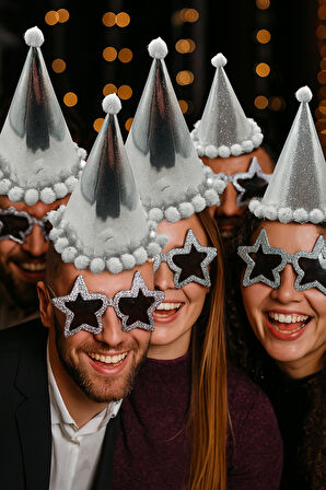 Parti Şapkası Ponponlu Hologramlı Gümüş Renkli Lüks Doğum günü-Yılbaşı Şapkası