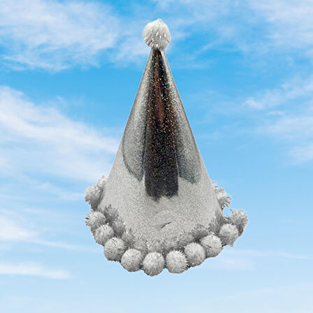 Parti Şapkası Ponponlu Hologramlı Gümüş Renkli Lüks Doğum günü-Yılbaşı Şapkası