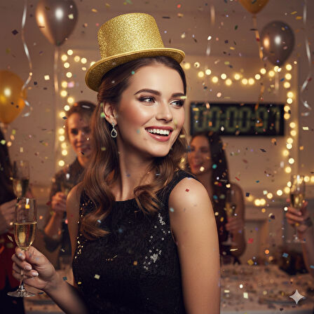 56 cm Baş Çevresi Sarı Simli Gofrajlı Sihirbaz Silindir Şapka – Parti ve Yılbaşı Şapkası