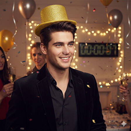 56 cm Baş Çevresi Sarı Simli Gofrajlı Sihirbaz Silindir Şapka – Parti ve Yılbaşı Şapkası