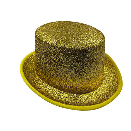 56 cm Baş Çevresi Sarı Simli Gofrajlı Sihirbaz Silindir Şapka – Parti ve Yılbaşı Şapkası